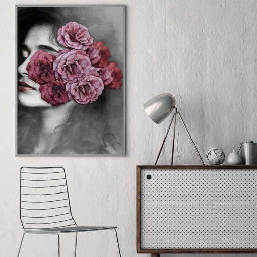 822-CANVASWALLPRINT-BE Abstract Sexy Woman with Pink Rose Nordic Art Canvas Poster Minimalist Print Wall Picture Modern Home