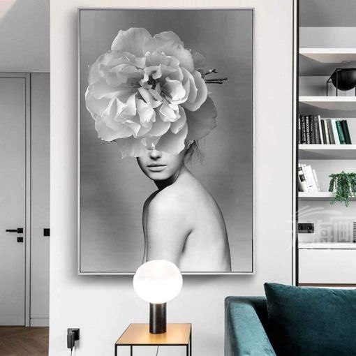 788-CANVASWALLPRINT-BE Fashion Woman Poster Black And White Canvas Painting Flower Posters and Prints Wall Pop Art Picture