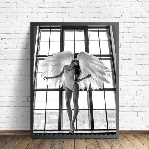 769-CANVASWALLPRINT-BE Girl Angel Feather Landscape Wall Art Canvas Painting Nordic Posters And Prints Black White Wall Pictures