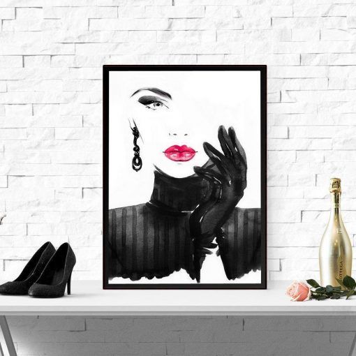 851-CANVASWALLPRINT-BE Black White Beautiful Woman Red Lip Fashion Lady Posters Nordic Girls Room Wall Art Picture Canvas
