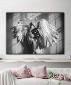 849-CANVASWALLPRINT-BE Girl Angel Feather Landscape Wall Art Canvas Painting Nordic Posters And Prints Black White Wall Pictures