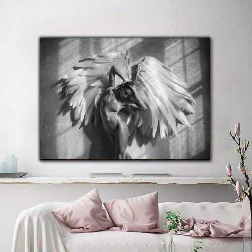 849-CANVASWALLPRINT-BE Girl Angel Feather Landscape Wall Art Canvas Painting Nordic Posters And Prints Black White Wall Pictures