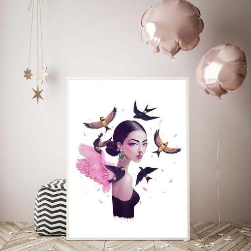838-CANVASWALLPRINT-BE Abstract Figure Poster Flower Canvas Painting Nordic Posters and Prints Pink Bird Wall Art Picture For