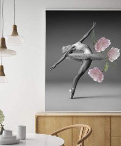 837-CANVASWALLPRINT-BE Ballet Pose Canvas Poster Painting Pink Flower Wall Picture Print Black White Room Decorative Picture Decor