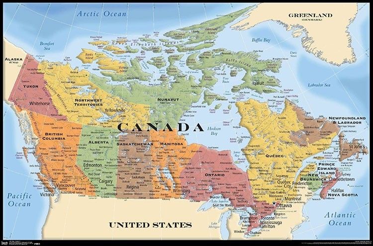 Map - Canada – Poster - Canvas Print - Wooden Hanging Scroll Frame ...