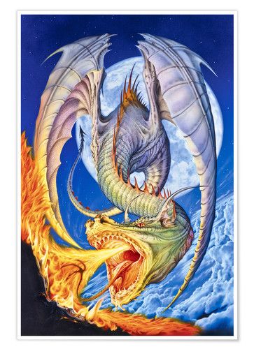 Fire Moon Dragon – Poster - Canvas Print - Wooden Hanging Scroll Frame ...