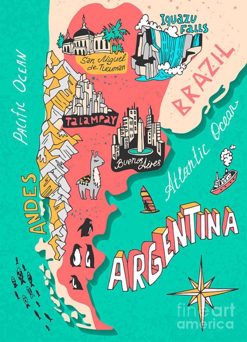 Illustrated Map Of Argentina. Travel - Cartoon – Poster - Canvas Print